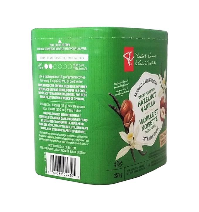 President's Choice Naturally Flavoured Decaffeinated Hazelnut Vanilla Coffee 250g/8.75 oz. Box (Imported from Canada)