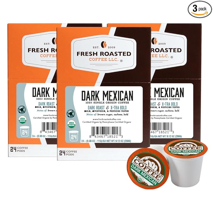 Fresh Roasted Coffee Organic Dark Mexican | Mold &amp Myco 3rd Party Tested USDA Organic Kosher | Dark Roast 72 Pods for K Cup Brewers