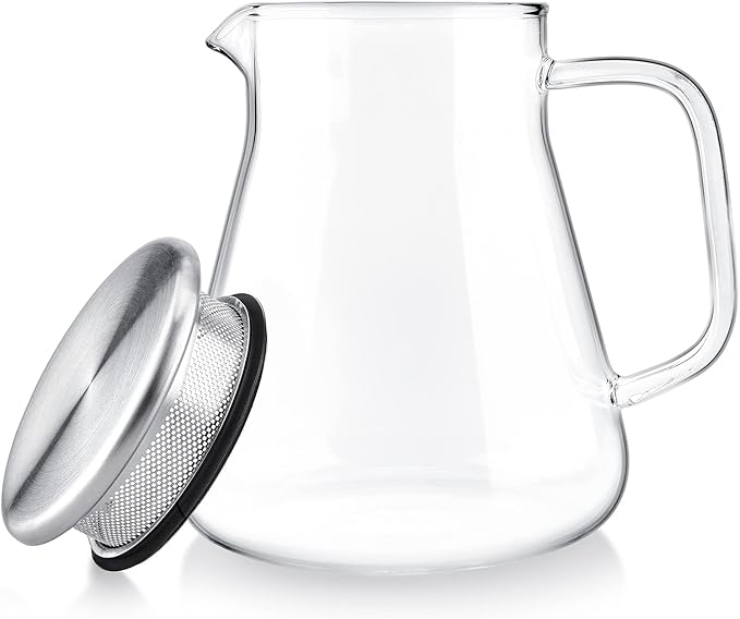 Teabloom One-Touch Tea Maker 2-in-1 Teapot and Kettle with Stainless Steel Filter Lid for Loose Tea – Stain-Free Borosilicate Glass Teapot (27 Oz) – Tea Connoisseur's Choice
