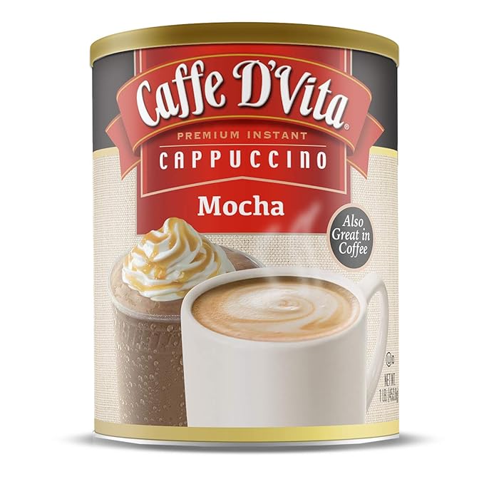 Caffe D'Vita Mocha Cappuccino - Instant Powder Coffee Mix Gluten Free No Cholesterol No Hydrogenated Oils No Trans Fat 99% Caffeine Free - 1 Lb Can