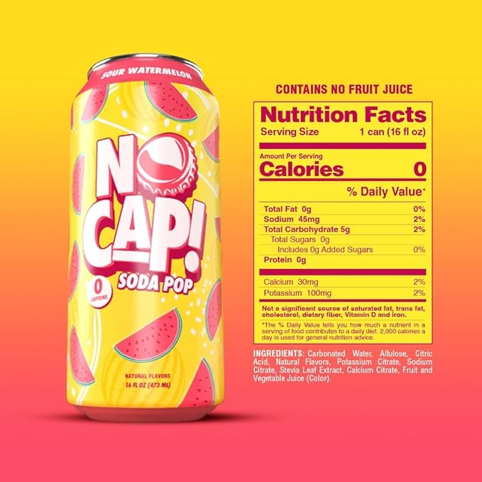 No Cap Soda Pop Soda Bitter Sour Watermelon 16 fl oz (Pack of 12)