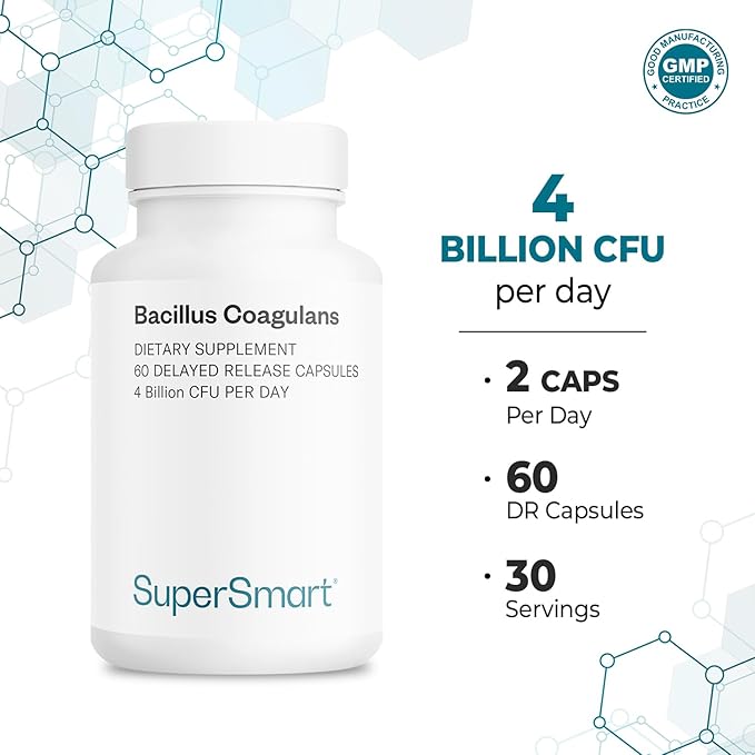 Supersmart Bacillus Coagulans Probiotic 4 Billion CFU per Day (High Absorption) - Lactobacillus Sporogenes Supplement | Non-GMO &amp Gluten Free - 60 Delayed Release Capsules