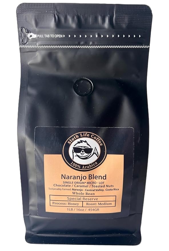 Sloth Life Coffee Whole Bean Costa Rica Naranjo Blend Medium Roast 1 Lb