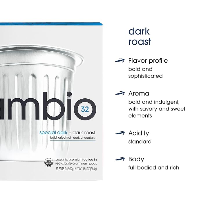 Cambio Roasters Special Dark Roast Organic Coffee Pods - The Only Organic Recyclable Aluminum Coffee Pods Small Batch Roasted Keurig® Compatible Lower Acid Bold Flavor Lasting Freshness 60 Count