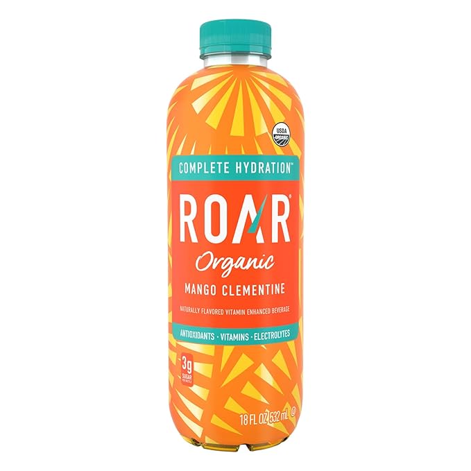 Roar Organic Electrolyte Infusions - USDA Organic - Mango Clementine - with Antioxidants B Vitamins Low-Calorie Low-Sugar Low-Carb Coconut Water Infused Beverage 18 Fl Oz (Pack of 12)