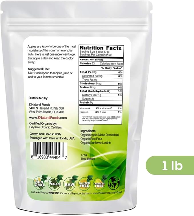 Z Natural Foods Organic Apple Powder Superfood Powder for Digestive Support and Energy Boost Ideal for Juice Smoothies and Recipes Non-GMO Vegan Gluten-Free Kosher 1 lb.