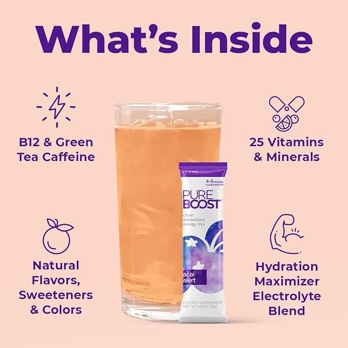 Pureboost Clean Energy Booster Refreshing Energy Drink Mix with B12 Vitamins Electrolytes Antioxidants Sugar-Free with No Sucralose (Acai Alert 30 Count)
