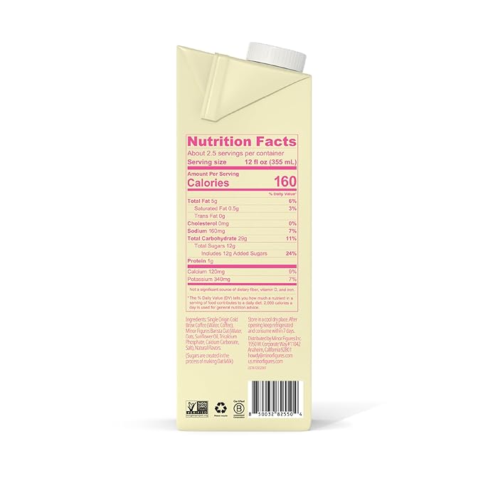 Minor Figures - Oat Latte - Vanilla - Ready to Drink - Multi-serve - Non-GMO - Plant-Based - Vegan - Dairy-Free - Shelf Stable - Coffee - Barista Standard - Unsweetened - 32oz - 6 Pack