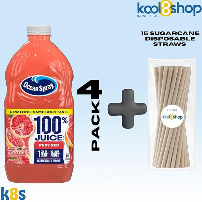Ocean Spray 100% Ruby Red Fruit Juice No Added Sugar 60 fl oz 4 Pack + 15 Sugarcane Disposable Straws by KOOL8SHOP Infinite Deals