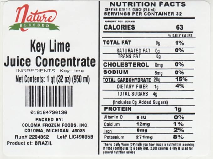 Nature Blessed 100% Pure Key Lime Fruit Juice Concentrate - 1 Quart (1/32 fl oz bottle) Applications: Home Wine Making Brewing Distilling Smoothies Mead