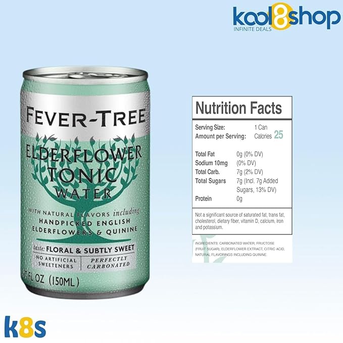 Fever-Tree Elderflower Premium Mixer 5.07 fl oz Aluminum Cans 24 Pack + 20 Plastic Stirrer Sticks by KOOL8SHOP Infinite Deals