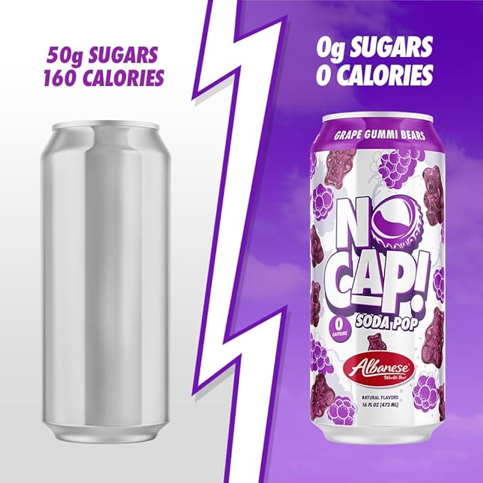 No Cap! Healthy Soda Alternative Natural Allulose Zero Sugar Zero Calorie Caffeine Free | Hydrating Electolytes Natural Flavors 16 oz. (Grape Gummi Bear)