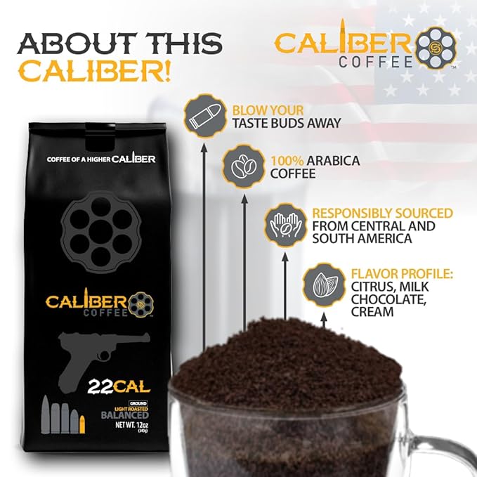 Caliber Coffee .22 Cal Ground Light Roast – Balanced Fruity Caramel Flavors – 100% Artisan Roasted Arabica Coffee – Small-Batch Hand-Crafted – Veteran Owned – 12oz Bag