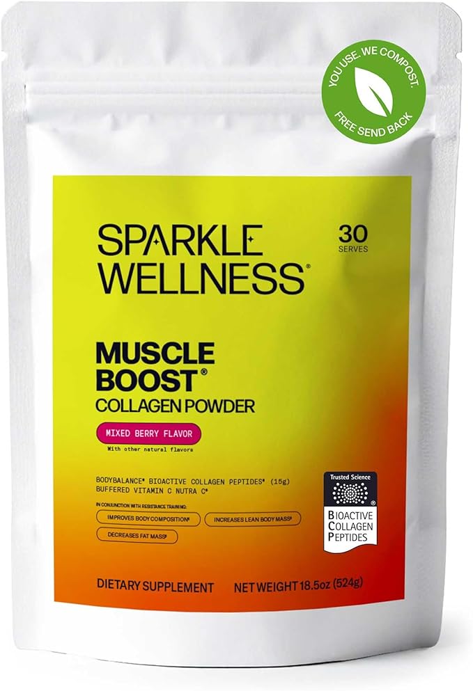 Sparkle Wellness Muscle Boost (Mixed Berry) [30-Serves] | Collagen Supplement Powder with Hydrolyzed BODYBALANCE Collagen Peptides &amp Buffered Vitamin C | Improves Body Composition