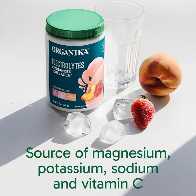 Organikа Electrolytes with Enhanced Collagen Powder for Women &amp Men - 13 oz - Strawberry Peach-Flavored Effervescent Electrolyte &amp Collagen Drink Mix - Deep Hydration Mobility Skin Hair &a