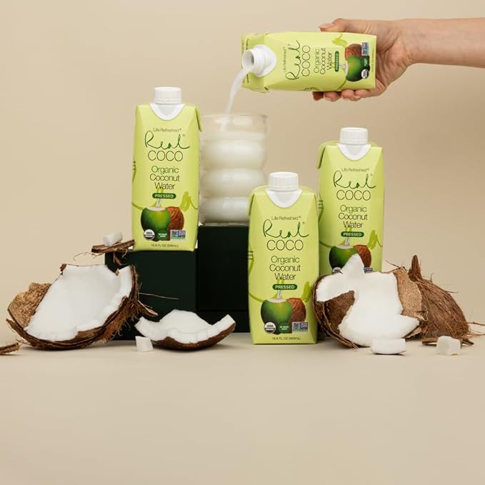 Real Coco Organic Pressed Coconut Water (12-Pack 500mL) USDA Organic No Sugar Added Essential Electrolytes Plant Based NON GMO Dairy &amp Soy Free