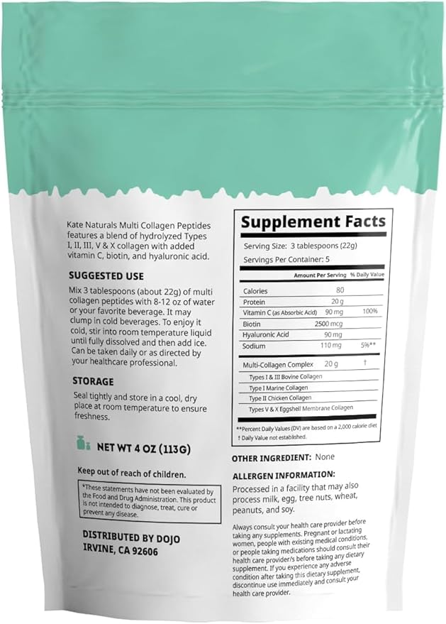 Kate Naturals Multi Collagen Peptides with Biotin Hyaluronic Acid &amp Vitamin C (16oz Hydrolyzed Unflavored) Types I II III V X Collagen for Hair Skin Nails &amp Joints
