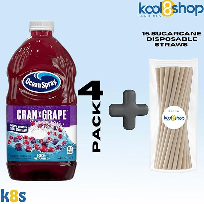 Ocean Spray Cran Grape Fruit Juice Drink 64 fl oz Plastic Bottle 4 Pack + 15 Sugarcane Disposable Straws by KOOL8SHOP Infinite Deals