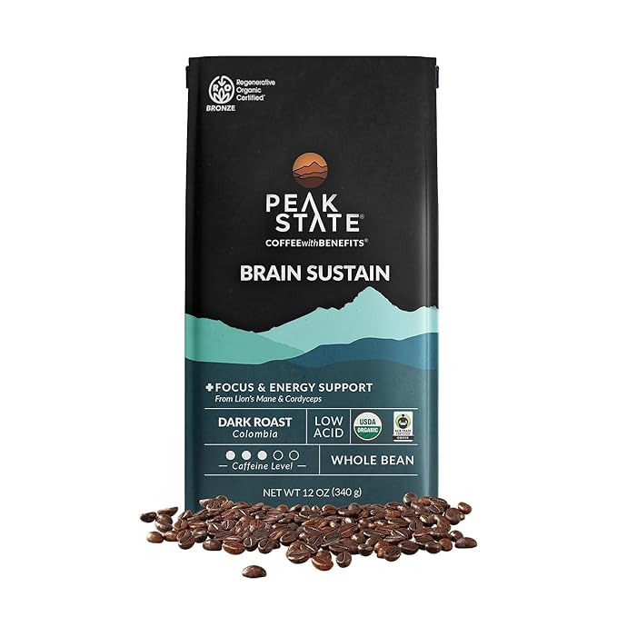 Peak State Brain Sustain Coffee with Benefits Dark Roast – Organic Mushroom Coffee Low Acid and Smooth Sweet Citrus and Lemon Flavor Whole Bean Gluten Free 12 oz