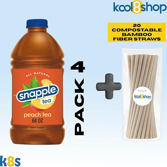 Snapple Peach All Natural Fruit Juice 64 fl oz Plastic Bottle 4 Pack + 15 Sugarcane Disposable Straws by KOOL8SHOP Infinite Deals