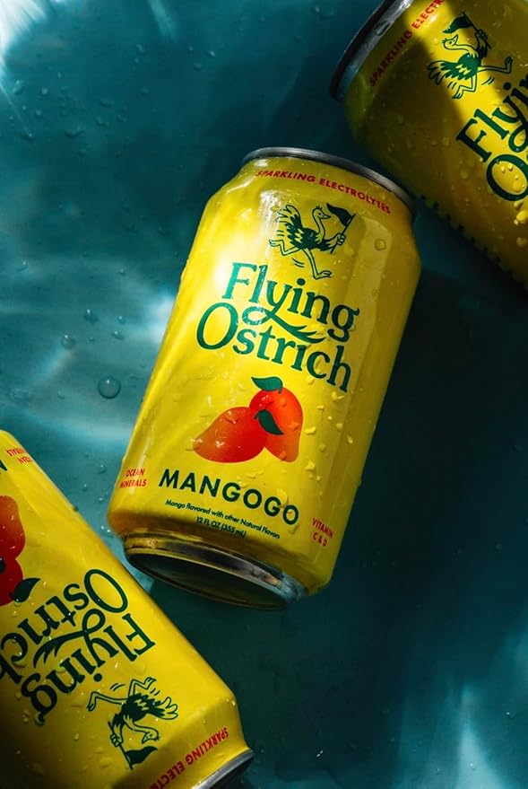 Flying Ostrich Mangogo Sparkling Electrolyte Hydration Drink - Mango Flavored with Ocean Minerals Magnesium &amp Vitamin C &amp D Low Sugar No Artificial Sweeteners 12 FL OZ Cans Pack of 12