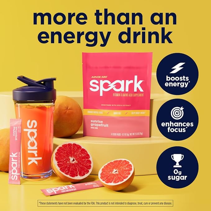 AdvoCare Spark - Energy Drink Mix - Vitamin &amp Amino Acid Supplement - Supports Energy &amp Focus* - Portable Immune Support* - Sugar-Free - Sunrise Grapefruit 14 Stick Packs (2.5 oz)