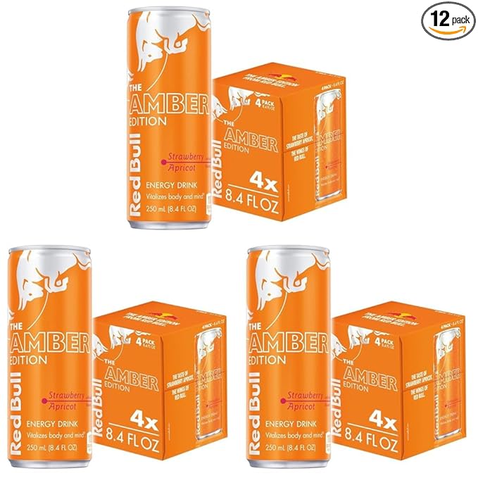 Red Bull Amber Edition Energy Drink Strawberry Apricot with 80mg Caffeine plus Taurine &amp B Vitamins 8.4 Fl Oz Pack of 12 Cans