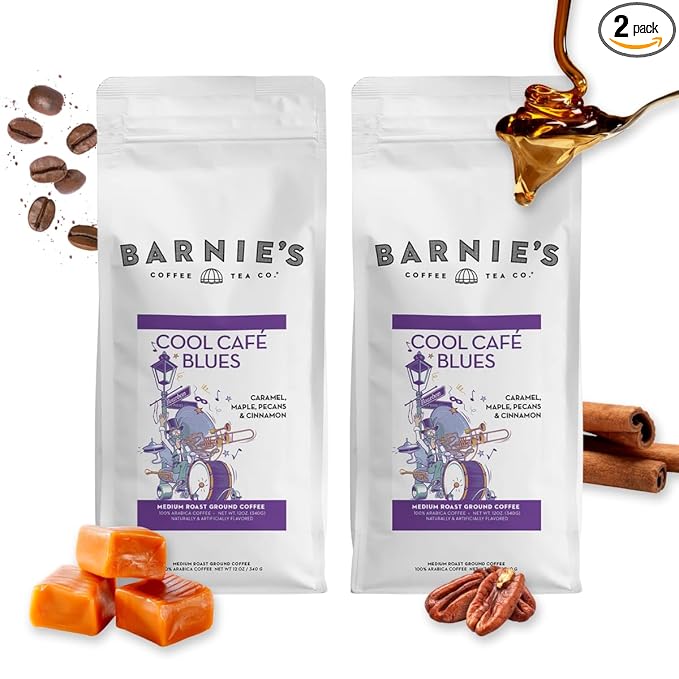 Barnie's Coffee Cool Café Blues Ground Coffee with Caramel Maple Pecan and Cinnamon Rum Flavors Medium Roasted Arabica Beans Gluten Free 12 oz Bag (Pack of 2)