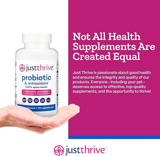 Just Thrive Probiotic &amp Antioxidant Supplement - 100% Spore-Based Digestive and Immune Support - Gluten Free 90 Caps