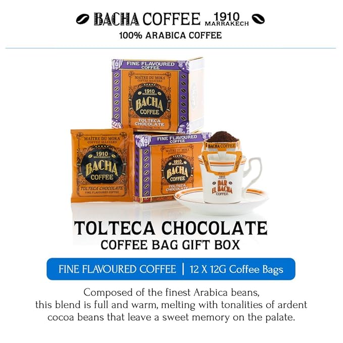 Bacha Coffee | Tolteca Chocolate Fine Flavoured Medium Roast 100% Arabica Specialty Coffee 12 Coffee Drip Bags Gift Box