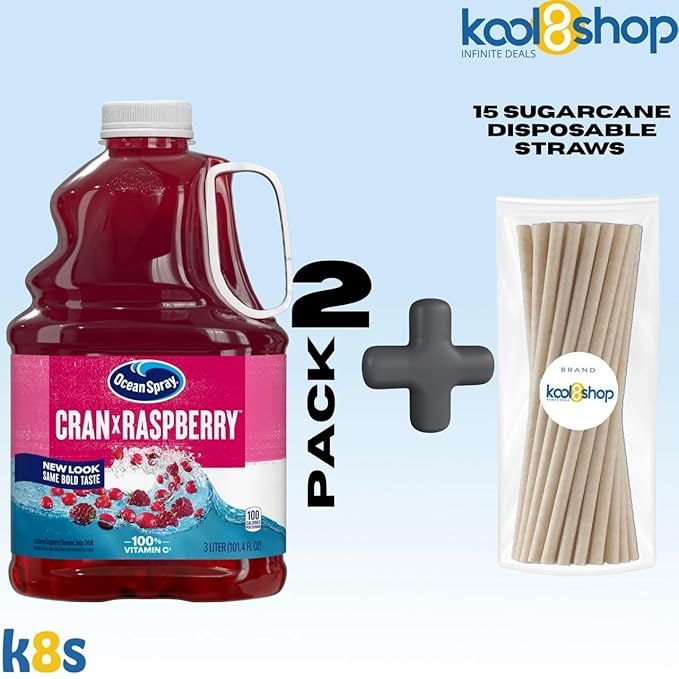 Ocean Spray Cran Raspberry Juice Drink 101.4 fl oz Plastic Bottles 2 Pack + 15 Sugarcane Disposable Straws by KOOL8SHOP Infinite Deals