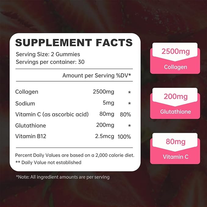 Collagen Gummies 2500mg with Vitamin C &amp Glutathione for Skin Hair &amp Nails - Delicious Filled Gummies - Anti-Aging Dietary Supplement Support Hydration &amp Radiance - 60 Count for Women &am