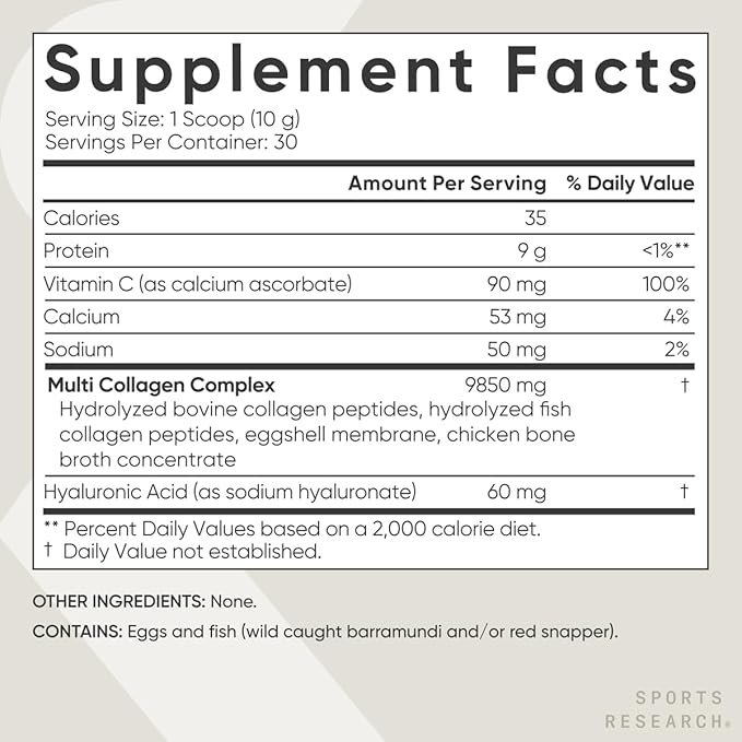 Sports Research® Multi Collagen Protein Powder - Food Sourced Collagen Peptides (Type I II III V X) with Hyaluronic Acid + Vitamin C - Gluten Free · Non-GMO · 30 Servings (Unflavored)