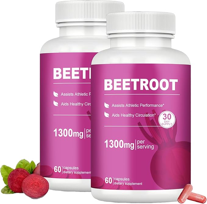 Beet Root Capsules – 1300mg Beetroot Powder for Natural Energy &amp Endurance Support Non-GMO 60 Capsules 30-Day Supply (2pcs)