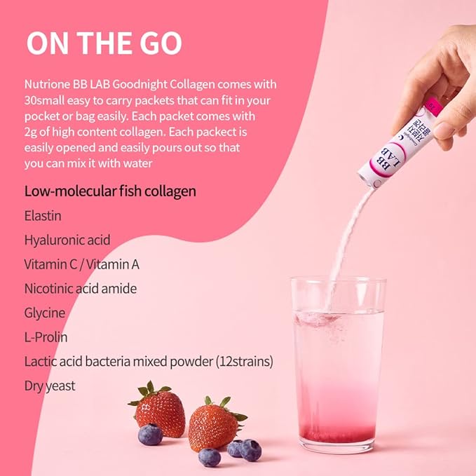BB LAB Good Night Collagen Low Molecular Collagen Powder Stick Supplement Marine Collagen Fish Collagen Vitamin C Hyaluronic Acid 17 Probiotics Fast Absorption Mix Berry Flavor (Pack of 3)