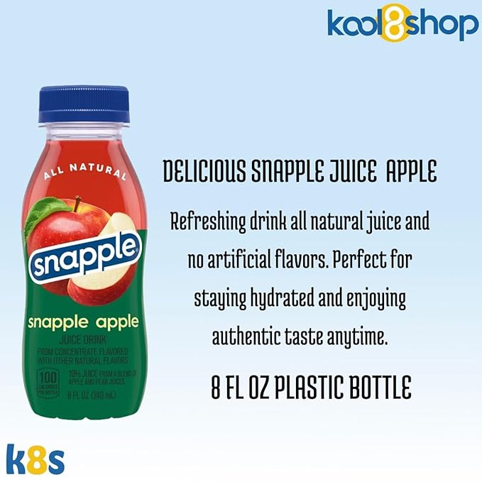 Snapple Apple All Natural Juice Drink 8 fl oz Mini Plastic Bottle 24 Pack + 2 Reusable Snack Bags by KOOL8SHOP Infinite Deals