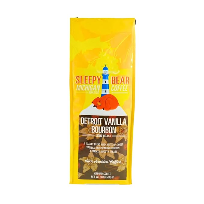 Sleepy Bear Detroit Bourbon Vanilla Ground Coffee - Light Roast Flavored Coffee Ground and Roasted in Michigan No Added Sugar 16oz Reclosable Bag (1 16 oz)