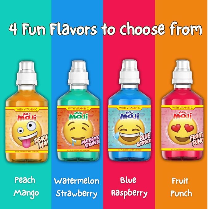MOJI-MOJI Kids Vitamin Drink – with Vitamins A B &amp E Fun Emoji Bottles 4 Flavors Sports Cap Spill-Resistant 10.1 Fl Oz Pack of 24 (10.1 Fl Oz Watermelon Strawberry)