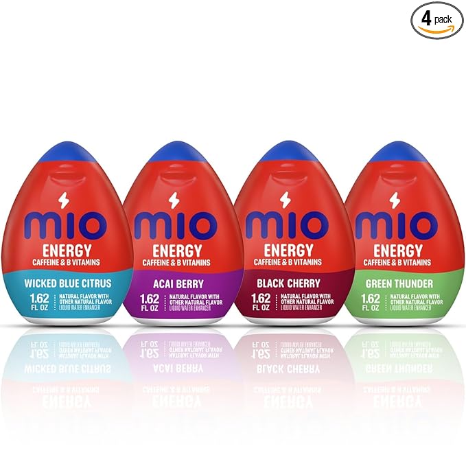 Mio Energy Water Enhancer Variety Pack 1.62 fl oz 4 Flavors (Wicked Blue Citrus Acai Berry Black Cherry Green Thunder) with Caffeine and B-Vitamins Zero Sugar