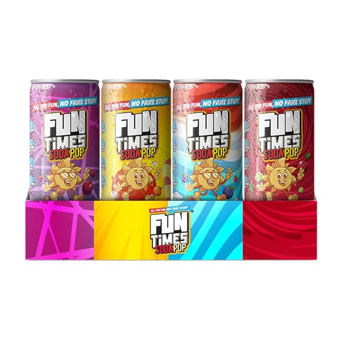 Fun Times Soda Pop Mixed Flavors 12 Pack Orange Sicle Chillin' Cherry Blue Razz Groovy Grape Flavored Drink