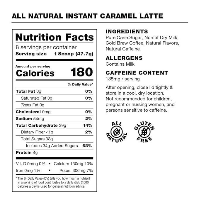 Premium All-Natural Caramel Flavored Instant Coffee Cold Brew Latte Mix - 8 Servings - High Caffeine Rich &amp Flavorful Gluten-Free Convenient | MADRINAS