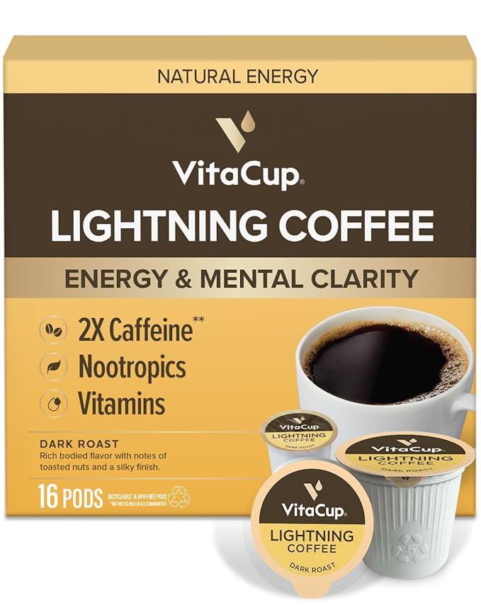VitaCup Lightning Coffee Pods for Memory &amp Focus w/ 2X Caffeine Green Coffee Bean B Vitamins D3 Strong Dark Roast Single Serve Pod Compatible with Keurig K-Cup Brewers 16 Ct