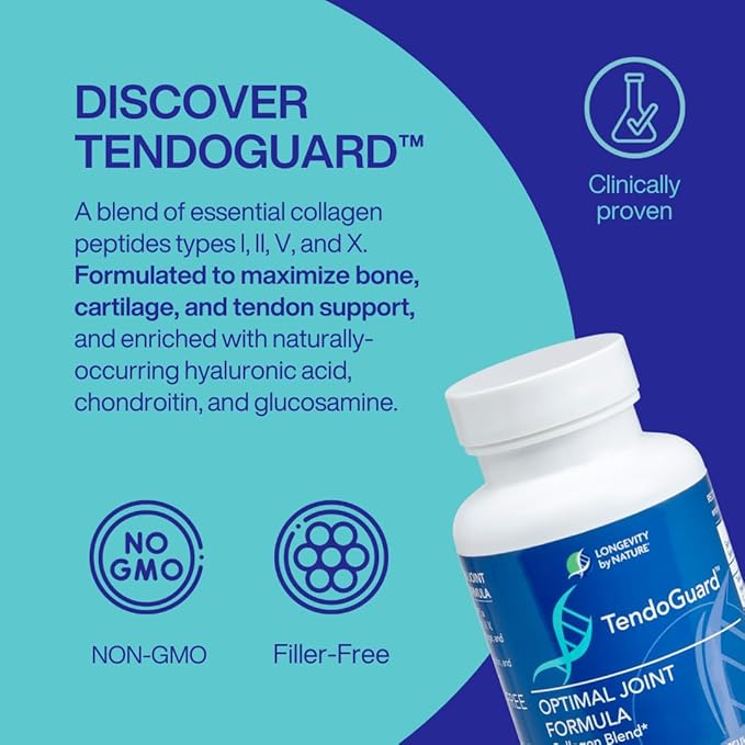 Longevity by Nature TendoGuard Joint Support Supplement with Collagen Peptides Hyaluronic Acid Supplements Tendon and Ligament 60 Capsules