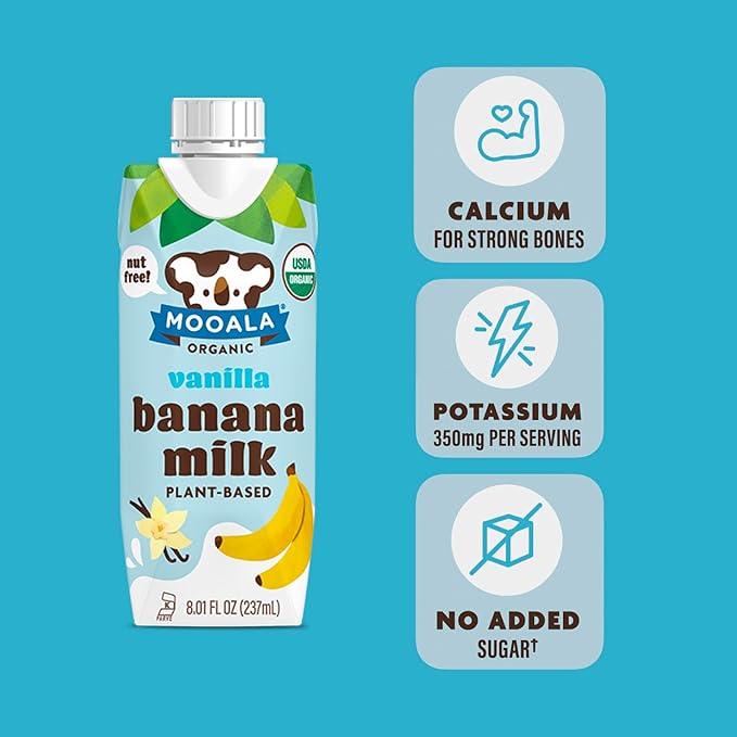 Mooala - Organic Vanilla Bananamilk Lunchbox Friendly Shelf-Stable Non-Dairy Nut-Free Plant-Based Beverage On the Go 12 Pack