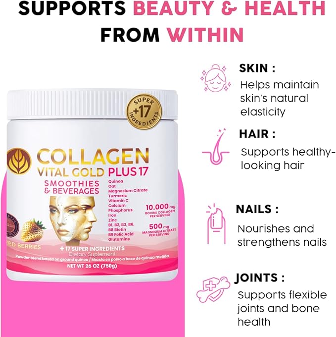 Vital Life Collagen Peptides Powder - Hydrolyzed Collagen with +17 Super Ingredients 1.6 lb Red Berries Flavor Supplement for Healthy Hair Skin Nails Bones Joints Collagen for Women &amp Men