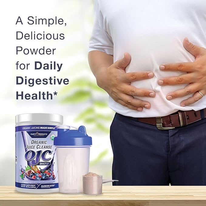 Purity Products OJC Blueberry Detox - Certified Organic Juice Cleanse Bloat + Gas Relief- Ft. OptiBiome Probiotics Organic Super Fruits + 4 Grams Organic Psyllium Fiber - Vegan - 30 Day Supply