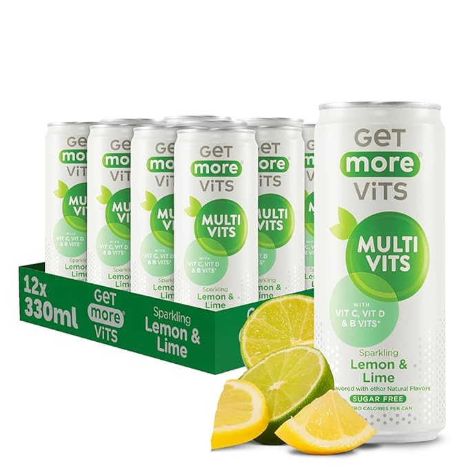 Get More Vits Multivitamin Sparkling Spring Water – Lemon &amp Lime 12 x 330ml Cans – Sugar-Free Low Calorie Vitamin Drink with 100% Daily Dose of Vitamin D B-Vitamins &amp Vitamin C