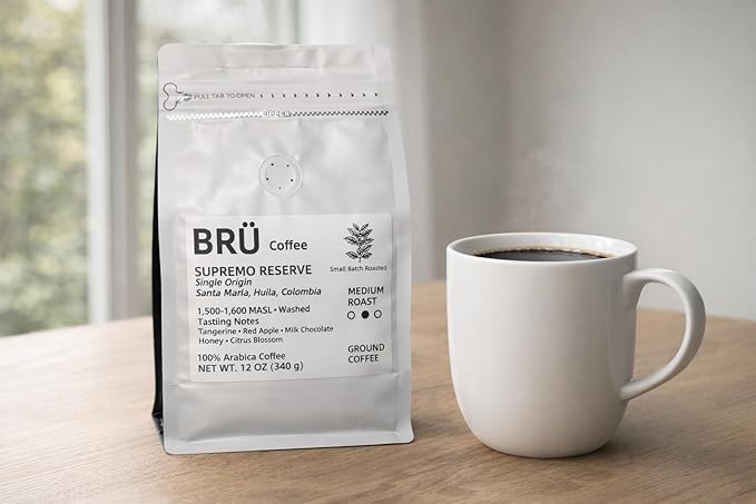 BRÜ Coffee Colombian Ground Coffee - Medium Roast - Single Origin – Huila High Elevation – 100% Arabica – Washed