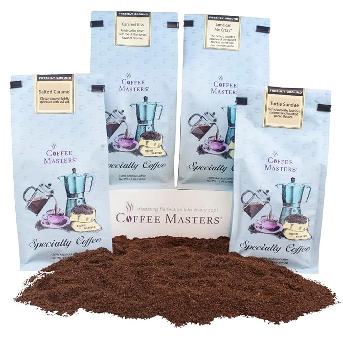 Coffee Masters Ground Coffee Sampler Caramel Kiss Jamaican Me Crazy Turtle Sundae and Salted Caramel 48 Ounce