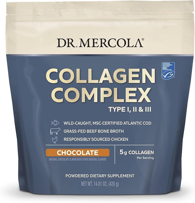 Dr. Mercola Collagen Complex Powder - Supports Skin Elasticity &amp Tissue Health - Multi-Source Collagen Types I II &amp III - Non-GMO Gluten-Free &amp Soy-Free- 10.89 oz (30 Servings) - Chocola